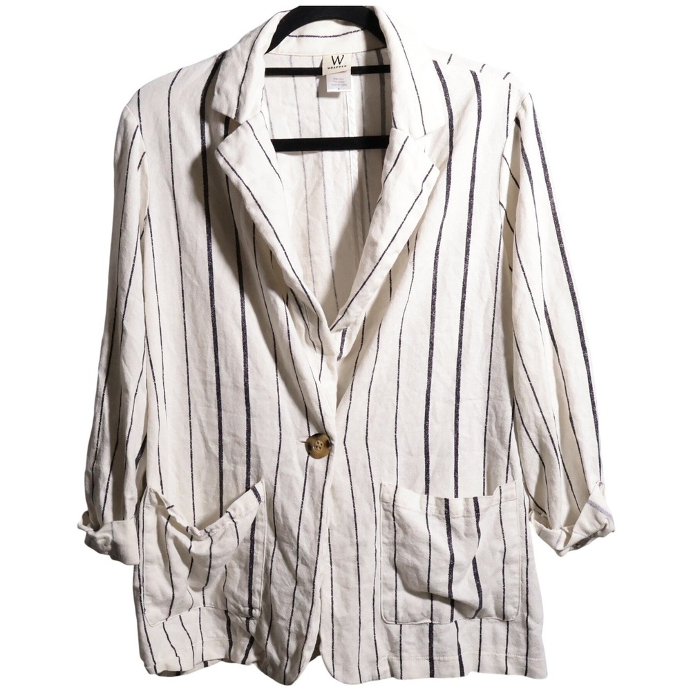 WRAPPER Womens Striped Linen Rayon Blazer Jacket Size M Beachy‎ Boho Preppy